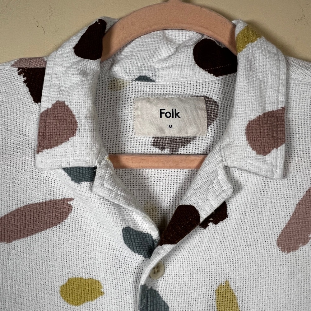 Folk Mens Contour Green Revere Collar Printed Shirt M Abstract Brushstroke Artsy - Picture 3 of 8
